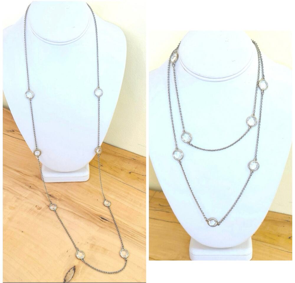 Vtg Ann Taylor Crystal Station Bezel Set Necklace 38" Long Y2K Silver Tone
